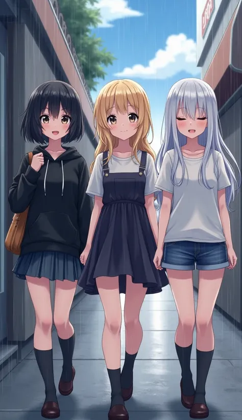 masterpiece, Best Quality, High resolution, Very detailed,(((Three Girls))), (((A girl with black hair wearing a black hoodie))), (((Blonde girl in a dress))), (((A white-haired girl wearing a white T-shirt and shorts))), (((smile))), (((mini skirt))), (((...