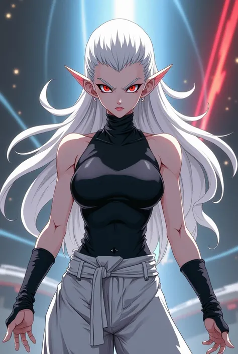 An Albino Saiyan Woman in Dragon Ball Z, with a black turtleneck shirt and sleeveless gloves, with loose white pants, anime