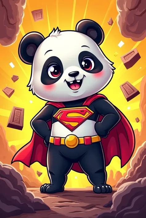 Image with SUPERCHOCO LOGO with a panda superhero