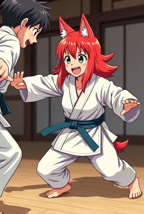 Wolf ears girl red hair anime 
boy with dark hair
both 10 years
judo uniform in dojo
the boy is knocks down by the girl