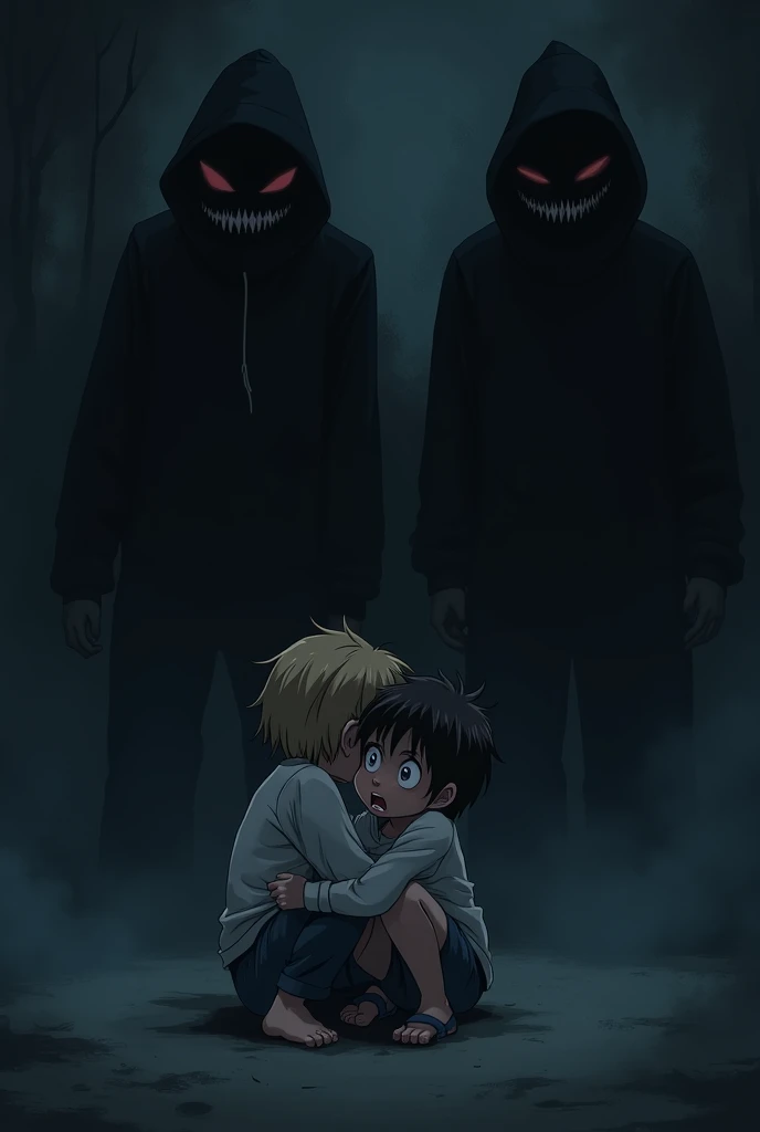 Two anime children hugging each other and scared and frightened, a girl and a boy and behind them two shadows of kidnappers, It&#39;s okay but it creates more fear and the kidnappers are shadows with evil smiles