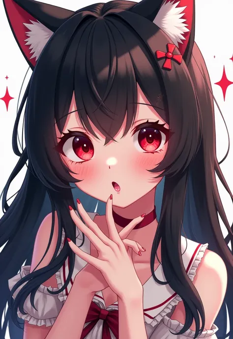 Best Quality, Best Quality, High resolution,One girl, solo, Sparkle Effect, anime風, anime, Wolf Cut, Black Hair, Wolf ears blush, Red eyes, tooth, Nose bright red, Drooling, Droopy eyes, Ahegao, Heart shaped eyes, ribbon, 