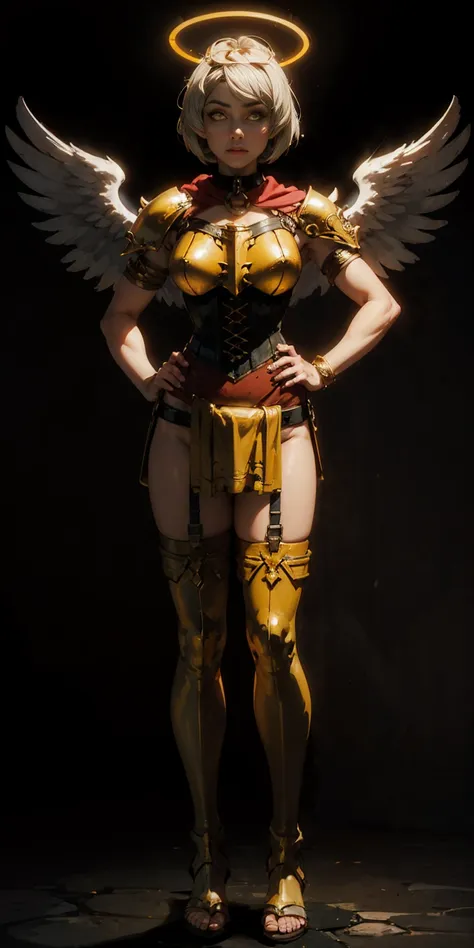 (black background) paladin lady in ornate golden armor, black collar, pauldrons, breastplate, leather corset, glowing halo, shor...