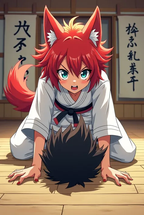 Wolf ears girl red hair anime 
boy with dark hair faceless
both 10 years
judo uniform in dojo
The boy is on the floor because of the girl