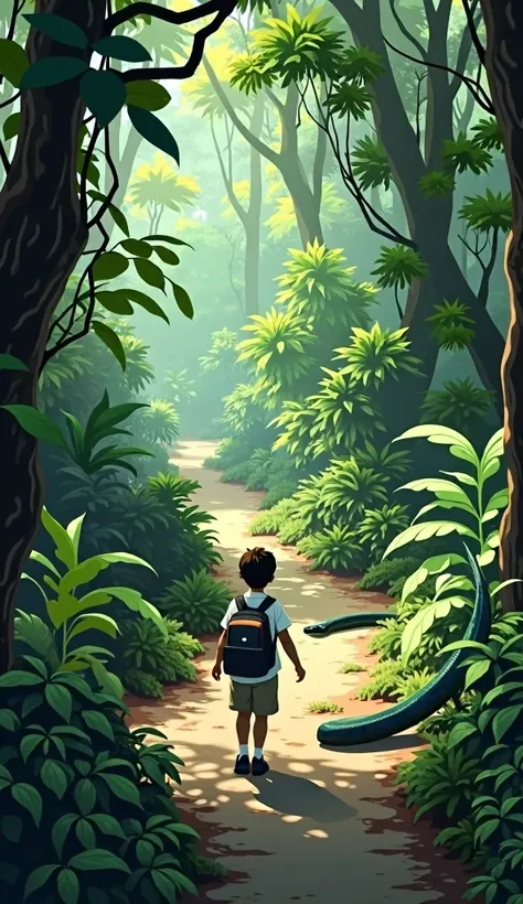 A child , with school bag, with school uniform, passing through a path, in a jungle, suddenly a python appears on his path