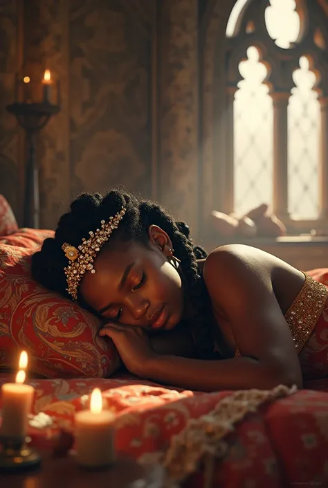 Black-skinned girl with African braids and a tiara sleeping in a castle