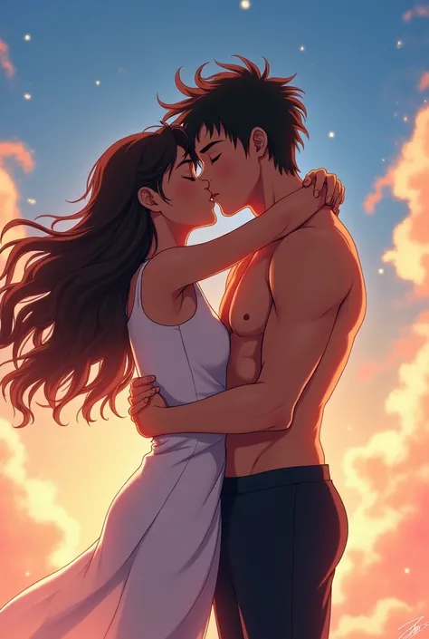 a boy and a girl, full body kissing, girl long curly hair, white clothes. Boy very short hair, muscular, black clothes, high. both brown skin. sky background. anime style