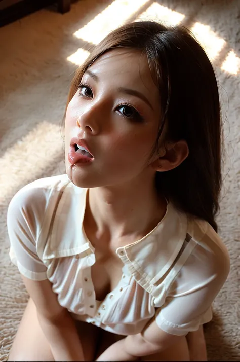 beautiful face,(face focus,mouth focus),opening mouth widely,excessive cum in open mouth,penis on mouth,bukkake,blouse,seductive woman,,on floor,indirect lighting,elegant room,warm light,from above,kneeling on floor