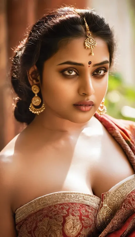 a huge busty indian woman,topless, pale white skin tone extremely detailed skin,warm daylight,erotic pose,sharp focus,top angle,photorealistic,extremely detailed,high quality,masterpiece,cinematic lighting,vibrant colors,flawless skin,beautiful eyes,full l...