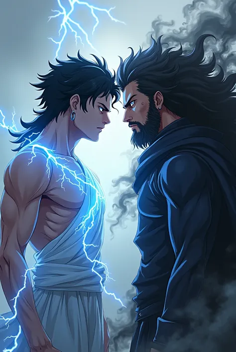 Two Anime characters. A tall man with black wavy hair in the middle part, pele morena, covered in lightning up to the eyes and a silver earring. And the other one with dark skin, LONG BLACK HAIR, beard and with black smoke and dark eyes. The first one with...