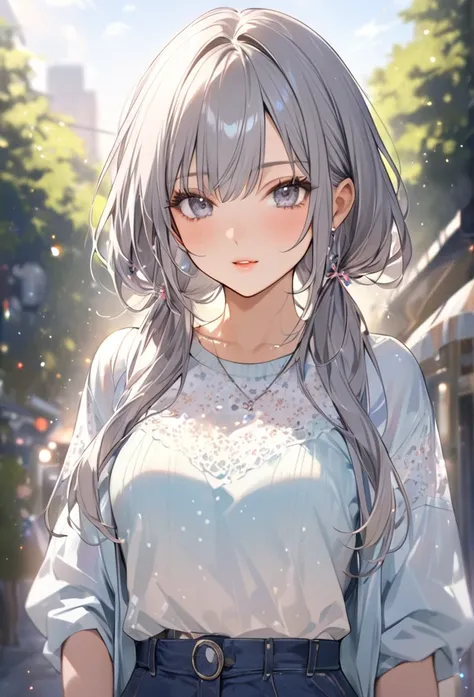 Highest quality　masterpiece　High resolution　Masterpiece Grey Eyes　Low Twintails、
Casual spring outfit　、
flowerpunk、Sparkling light particles、Vivid gradient effect