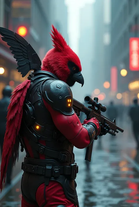 Create a scenario for the pure Sniper game, In the center of the street, slightly away, a burly sniper in a robotic cardinal bird suit with energy indicators, with black Marvel robot wings and a Marvel-style rifle in his hand. 