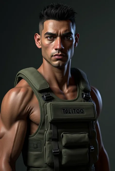 Thin man dark skin short black hair brown eyes call of duty style vest with name TuLiToo 