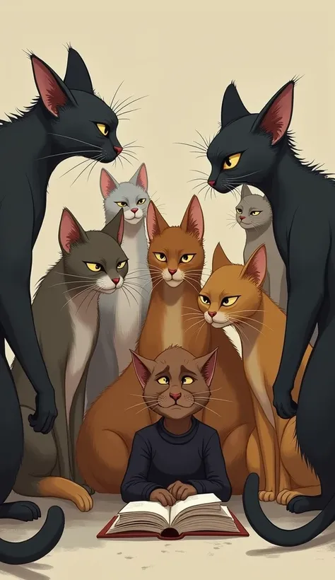 Several cats surround Max, pointing and laughing. The bullies are sleek and lean, with smug expressions, while Max looks sad and withdrawn, holding his books tightly.