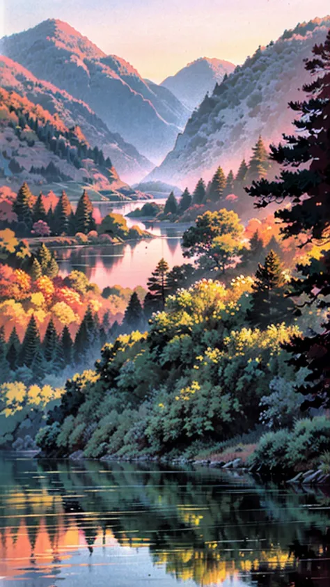 A peaceful, crystal-clear lake surrounded by gentle hills and vibrant autumn trees reflecting on the water’s surface. In the distance, a lone figure stands on the shore, gazing at the tranquil waters under a soft pink sunset.