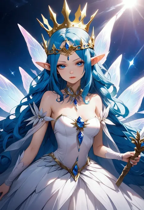 1 beautiful fairy queen, with crown in head, blue long hair, blue eyes, holding fires sword, sexy dress