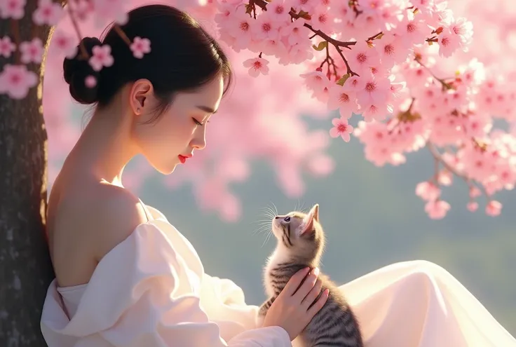 Under the cherry tree,Asian woman in a white dress, Smooth short hair, Woman gazing at cherry blossoms, Kitten sitting beside her, Kittens are crazy about women, Not aware of the camera, side, Cherry blossoms in full bloom, ((masterpiece, Best Quality, Bes...