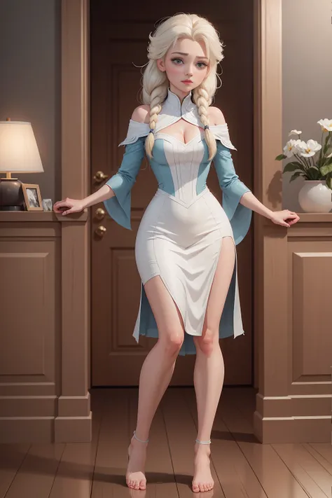 ((Full body photo, standing, feet on the floor)) Highly detailed CG unity 8k wallpaper, style shot, complex, high detail, dramatic, highest quality movie still image, very detailed, masterpiece, best quality, character design, Elsa, Elsa from Frozen, (( Da...