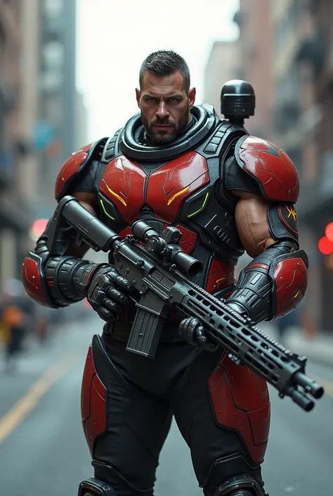 Create a scenario for the pure Sniper game, In the center of the street, slightly away, a burly sniper with a robotic cardinal bird vest with energy indicators, Marvel robot thrusters and Marvel style rifle in hand 