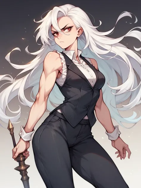 a woman with white hair with black tips combed with long hair  , her eyes are completely white and she wears an elegant outfit with a suit vest and black suit pants, she has a serious face, She has a toned body , 2dundefined, undefined, 