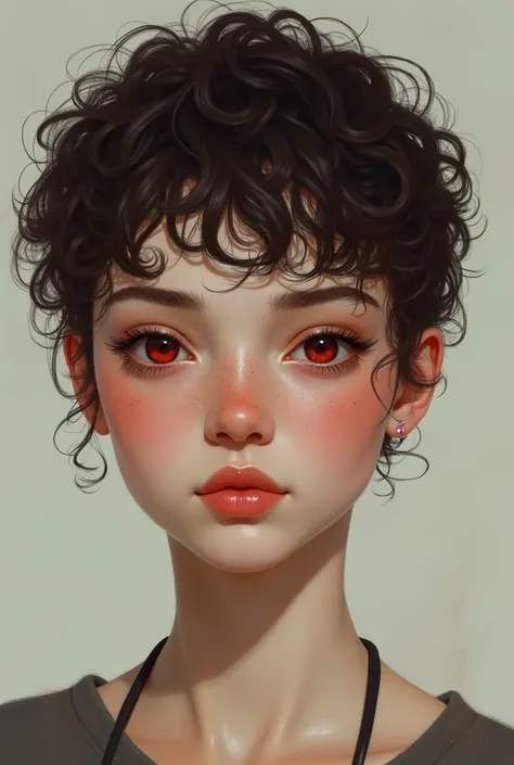 A portrait of a light but still tan girl with a curly brunette pixie cut, deep red eyes, freckles, and a tomboy fashion style in a realism art style