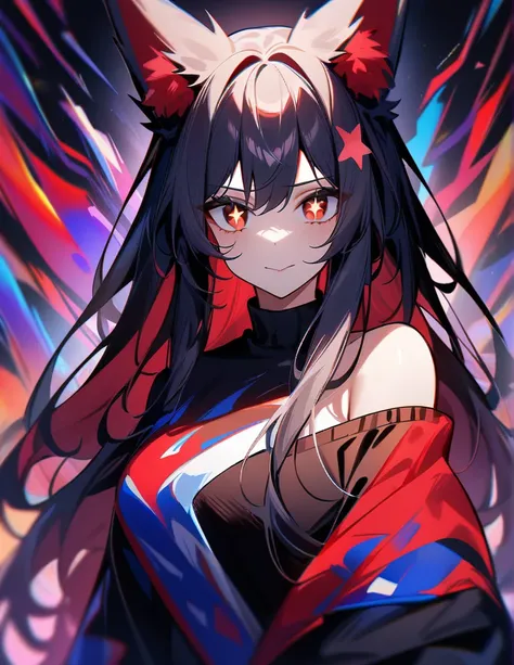 (masterpiece, best quality), ((1 girl, (mature female) Dark multicolored long hair), (red multicolored star-shaped pupils, +_+, symbol-shaped pupils, sparkling eyes), (Fox ears, closed mouth)), (looking at viewer, underestimate smile, off shoulder), (abstr...