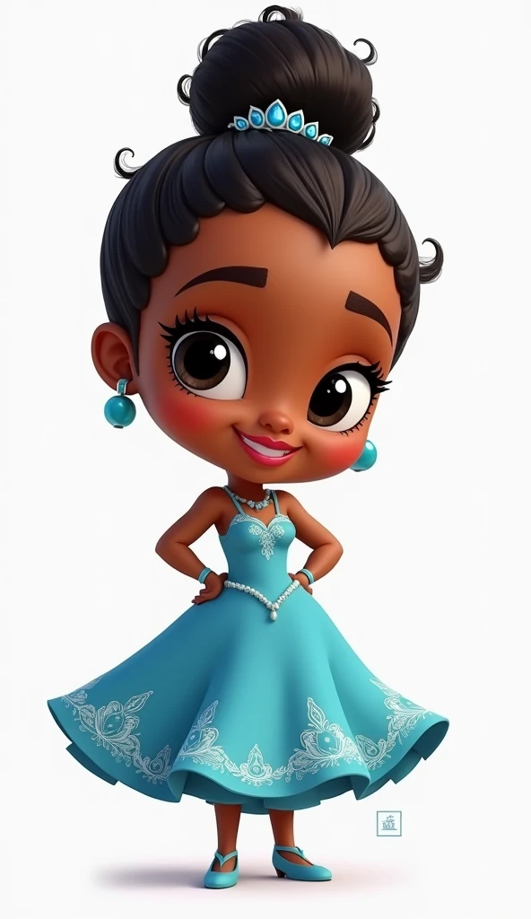 Tiana from The Princess and the Frog in chibi version , wearing a blue dress