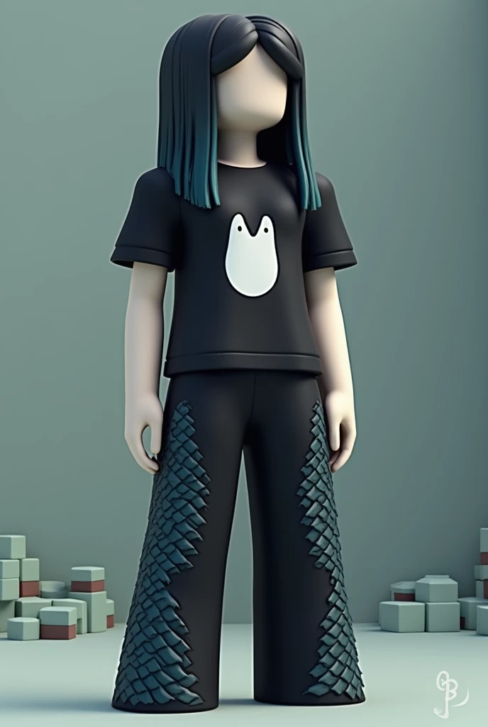 make a white character with black hair with dark blue tips, a black shirt with a penguin face and black pants with some dark blue dragon detail. Minecraft