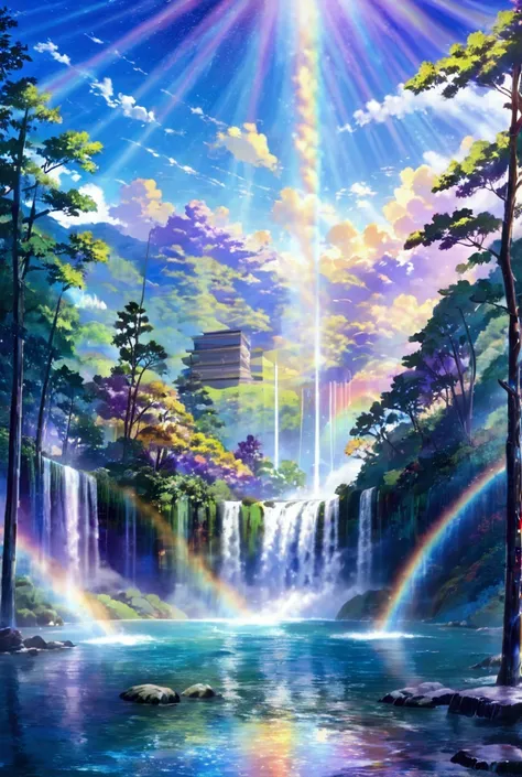 rainbow色、rainbow、rainbow colored世界、sun，dazzling light，light，shine，torii，waterfall，streaks of light，high resolution, high resolut...