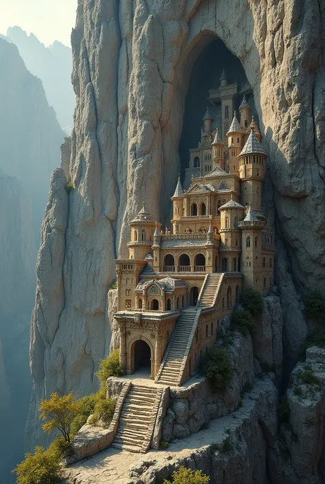 masterpiece, Best Quality, High resolution, Detailed to the last detail、(Architectural design carved into a steep cliff)：1.2、、Dwarven settlement、Heavy metal、Delicate relief、