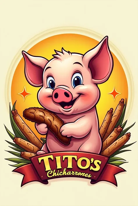 Generate a logo of a cartoonish pig like an old Disney pig from the 50&#39;s that says Tito&#39;s Chicharrones, with carnitas and chicharrones around it and you can savor them. 