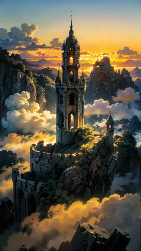 An ancient stone castle ruin sits atop a mountain, surrounded by a sea of clouds. The early morning light casts a golden hue over the ruins, creating a dreamlike, ethereal atmosphere like a castle floating in the sky.