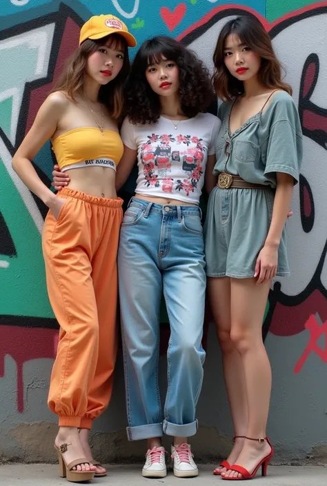 Three diverse young women with big breasts, each with a unique style, standing in front of a graffiti-covered wall. One is a K-pop idol in a colorful stage outfit, another is a skater girl in baggy jeans and a graphic tee, and the third is a fashion blogge...