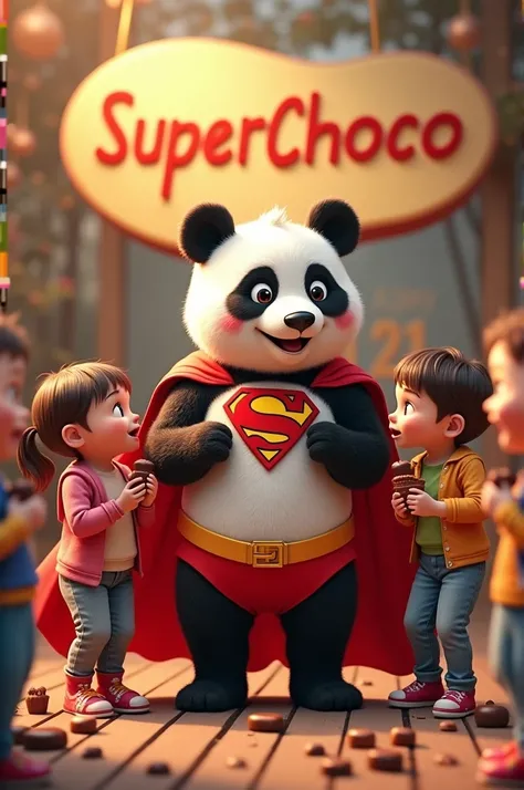 superchoco in my upper part of the image, In the center a panda superhero, surrounded by happy children enjoying some chocolates. Image in realistic mode