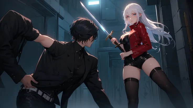 anime scene of a woman holding a sword and a man in a suit, sexy girl, white hair, Woman with big breasts, Sensual, girl threatening the boy, girl in fighting stance, sexy girl, sexy clothes, mini short Sensual, girl with mini shorts, red leather jacket, j...