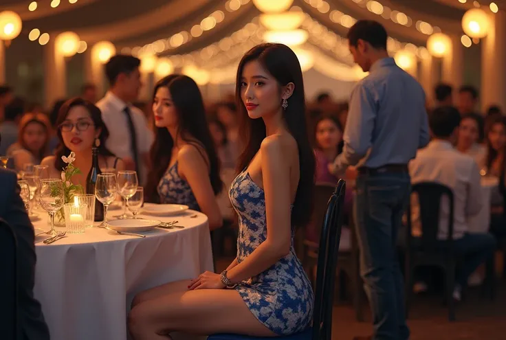 Thai woman with long straight hair, fair skin, waist, hips, short evening dress, blue and white tone, high heels, sitting at retirement party, having dinner, there is a man with short hair, wearing jeans, wearing a blue and white shirt, standing next to it...