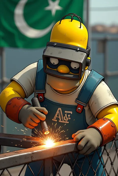 Homer Simpson with a welding mask welding a metal fence with an electrode and gloves on his hands and behind him is the green-white-green flag and a logo drawn on the chest of his shirt that says A&f