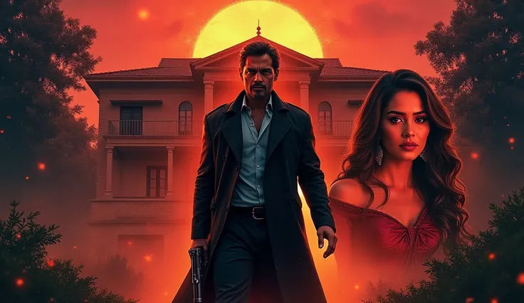 Create a dramatic Bollywood film poster featuring a central villa with a character standing in front, holding a gun and wearing a long black coat. On the right side, include a beautiful Bollywood actress in a shoulder view, exuding confidence and charm. On...