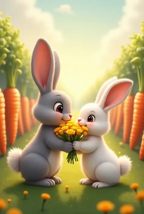 Rabbit giving yellow flowers to female rabbit, on a carrot farm 