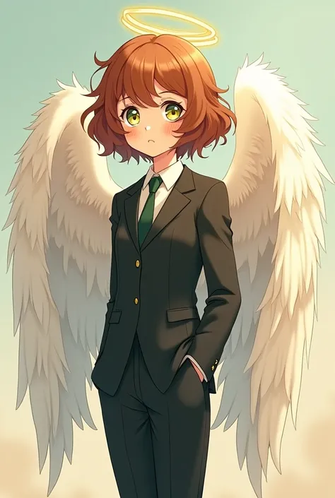 Angel in a suit with short curly brown hair, half red, with greenish honey colored eyes in anime style 