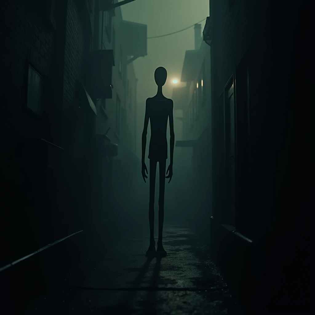 a photograph of slender man, slenderman is at the bottom of a dark alley, the place is night, soft light