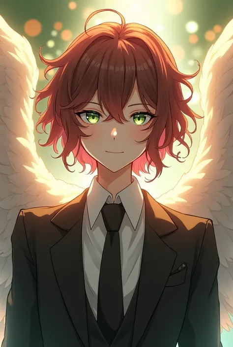 Angel in a suit with short curly brown hair, half red, with greenish honey-colored eyes in the anime style, but androgynous