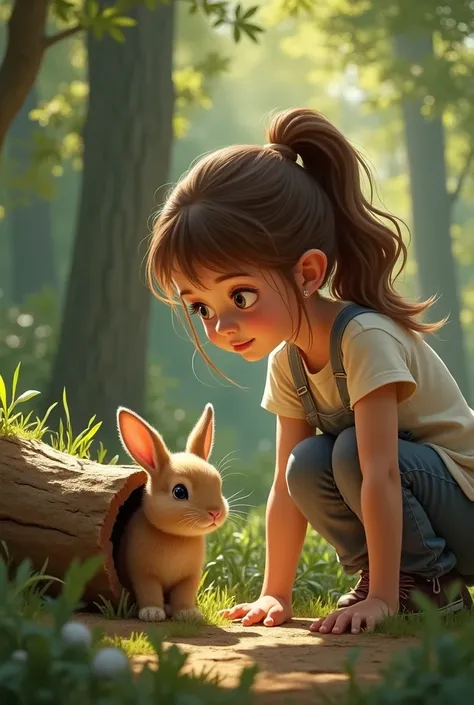 Make me an image of a girl watching a rabbit stuck in a log