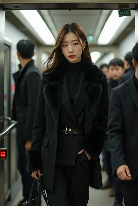 street photography, a beautiful Korean woman, wearing a blazer combined with a thick furry jacket, trousers, looks elegant, she passes through the ticket portal at a subway station, people passing around her, background at the subway station, very detailed