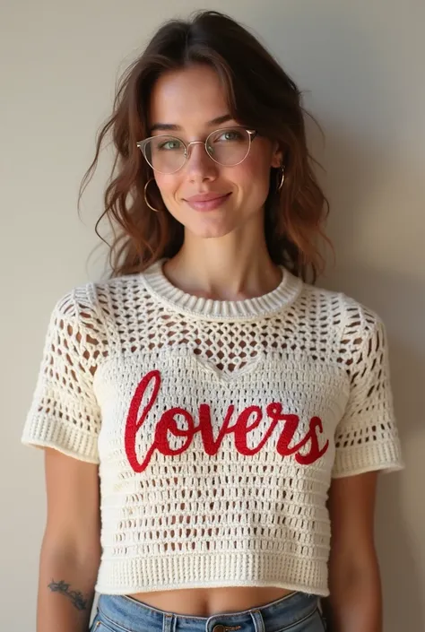 Crochet crop top style t-shirt for women that says "lovers" 