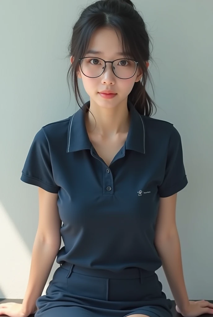 A photo-realistic image of a Japanese girl with A-cup breasts, a skinny build, a ponytail and glasses, wearing a tight navy polo shirt and skirt, sitting on the ground with a calm expression and looking at the camera.