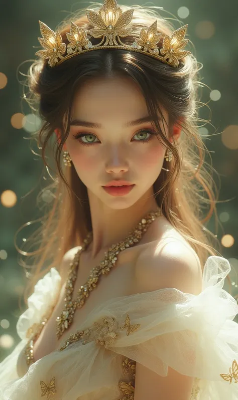 Crie uma personagem de mawha, with these characteristics the princess displays an ethereal and angelic appearance, quase sobrenatural. Her long brown hair, smooth, fall around her pale face, with bangs that highlight her thin eyebrows. His fur, clear and a...