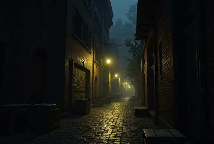 An urban alleyway at night, illuminated by soft yellow street lamps. The alley is bordered by old brick walls and modern buildings, with a few scattered crates along the sides. The ground is made of cobblestones, with subtle reflections from the lamp light...