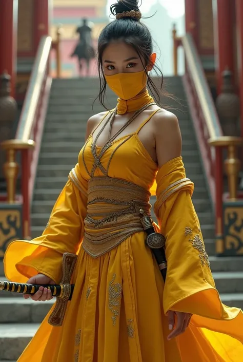 A realistic depiction of a beautiful Japanese girl。She is standing against the backdrop of an ancient Asian palace staircase、Depicted in a fighting position。Her costume is a shocking yellow battle suit.、Wearing a corset-like top with gorgeous embroidery an...