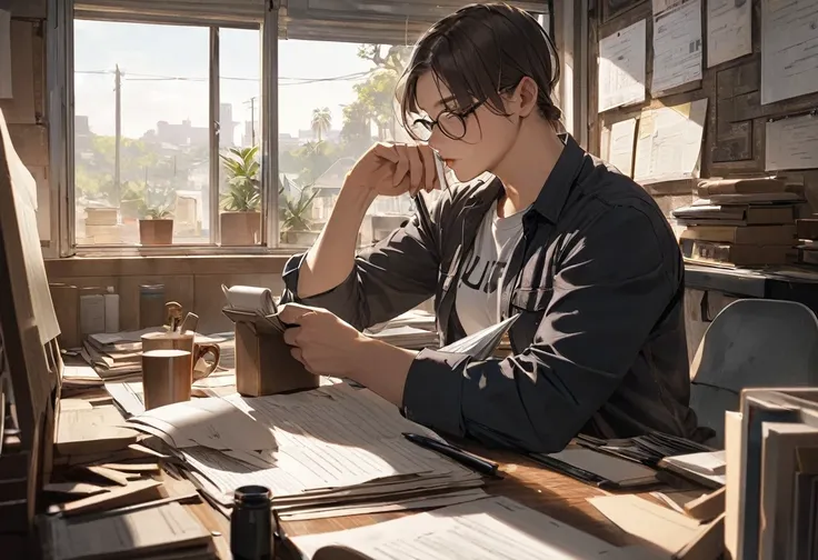 "I work but my life doesn&#39;t get any easier", A 4 man mutters as he works in front of his computer.。Wearing glasses and work clothes。